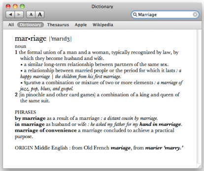 Marriage, as defined by the New Oxford American Dictionary 2nd edition © 2005 by Oxford University Press, Inc.